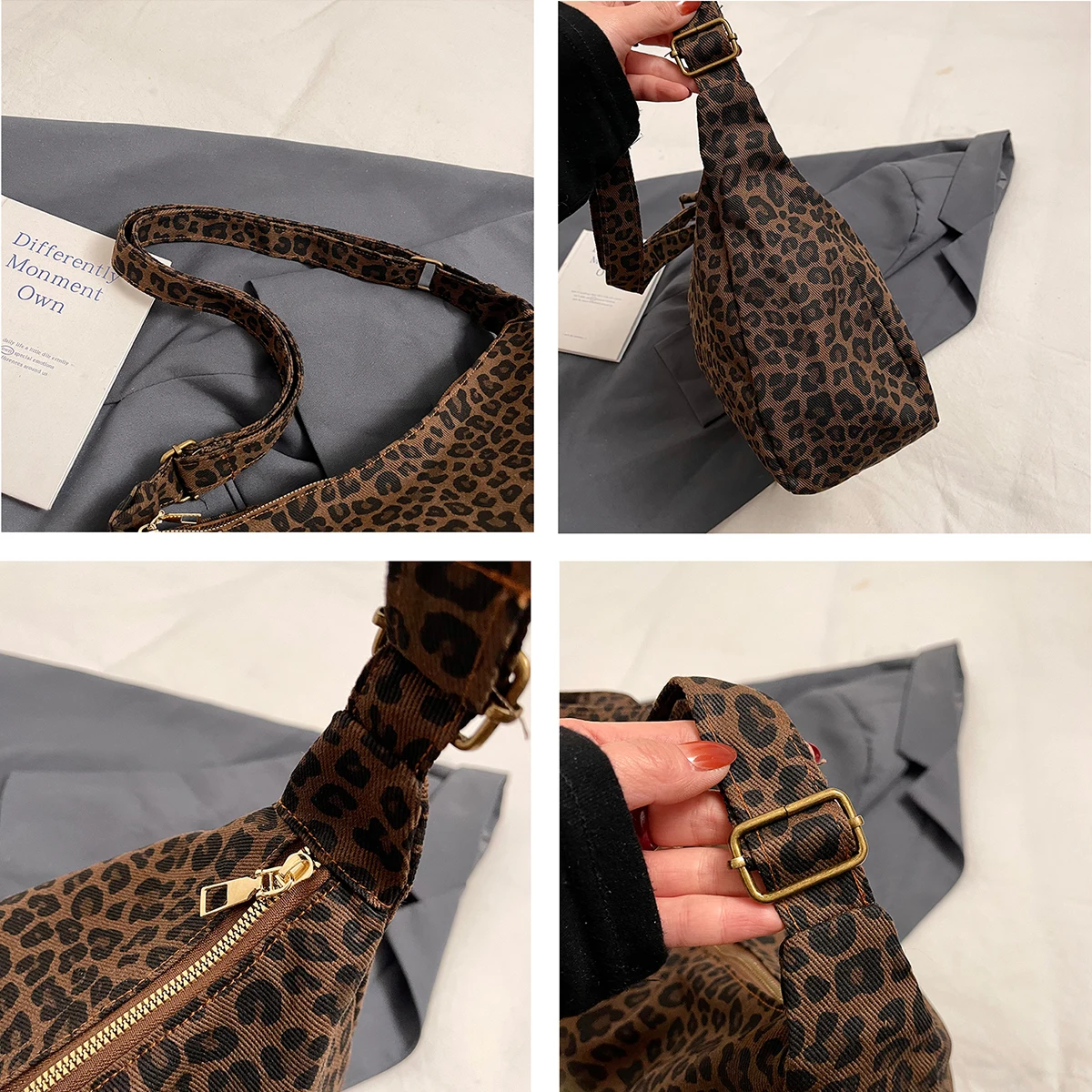 Trendy Casual Soft Textile Women's Shoulder Bag Large Capacity Leopard Print Female Retro Crossbody Bag For Commute Outings - Image 2